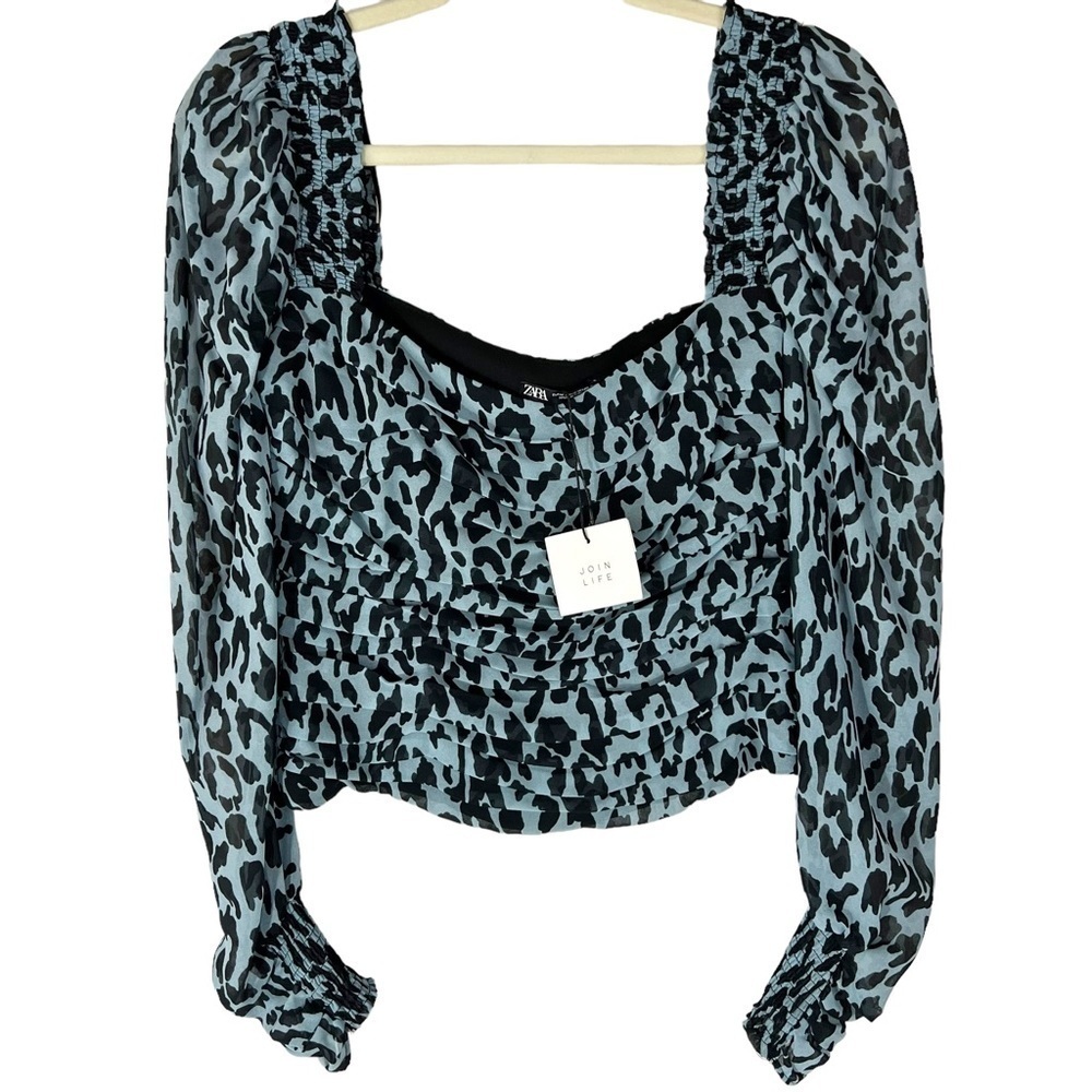 NWT Zara Blue Black Leopard Animal Print Square Neck Long Sleeve Top Blouse